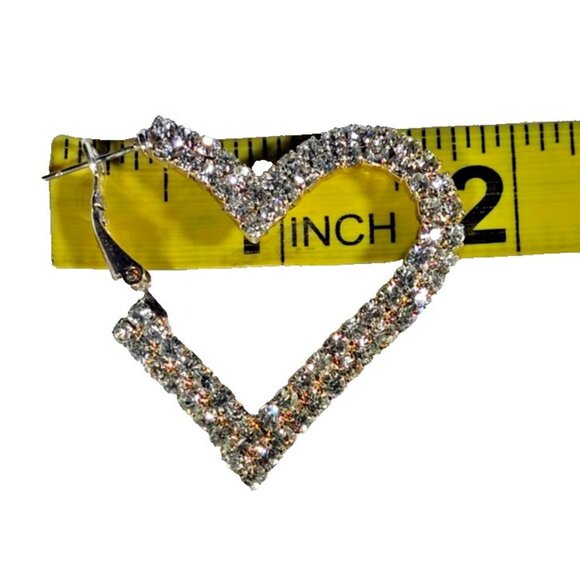 Pair of Earrings, Heart Shaped Embellished w/ Clear Crystals 1.5" x 1.75", Prom - Picture 4 of 4